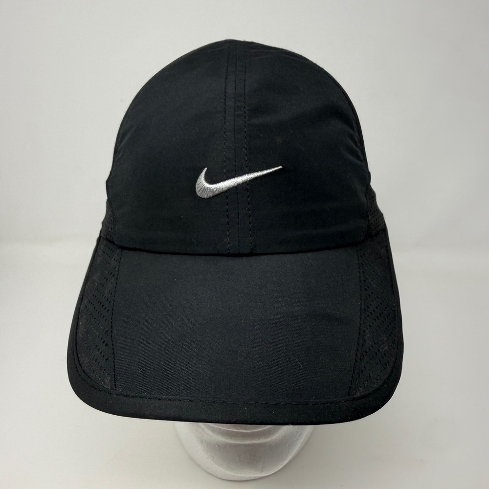 Vtg Y2K Nike FIT Running Cap Black Mesh 8 Panels Adjustable Hat Swoosh Logo